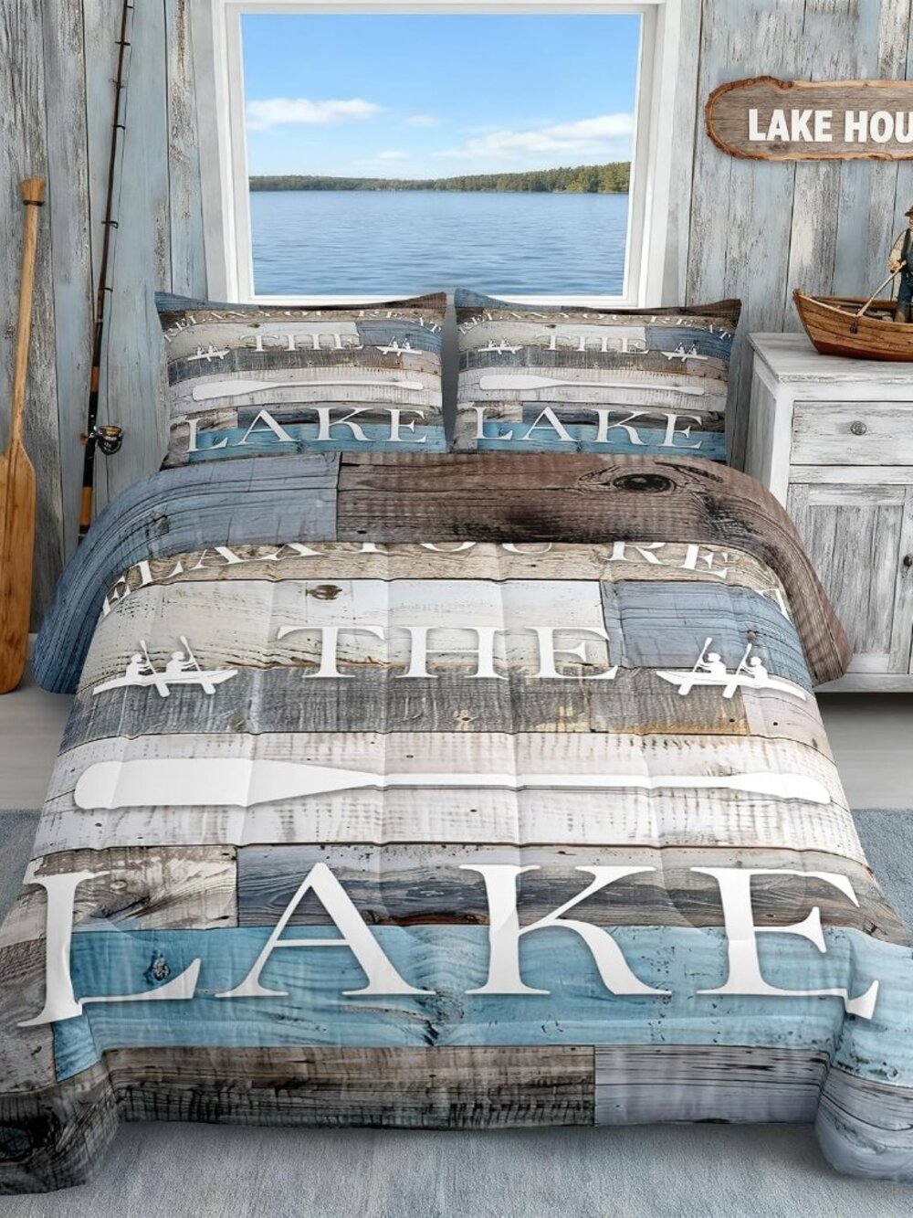 Rustic Farmhouse Comforter Set Lake Cabin Bedding Set King Size Blue Grey Retro
